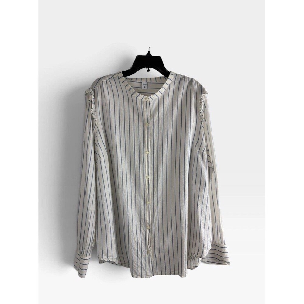 Old Navy Womens Shirt Adult Size XXL Tall Button Up Vertical Stripes Ruffle Trim